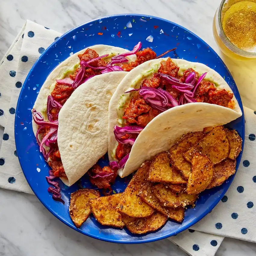 Zesty Pork Chorizo Tacos with Lime Mayo & Garlic-Cotija Potatoes