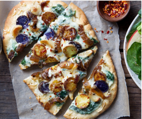 Potato Pizza Bianca with Spinach & Caramelized Onions