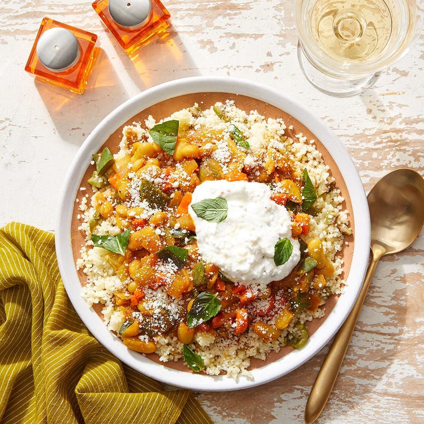  Moroccan-style Vegetable Chili with Couscous and Garlic Labneh