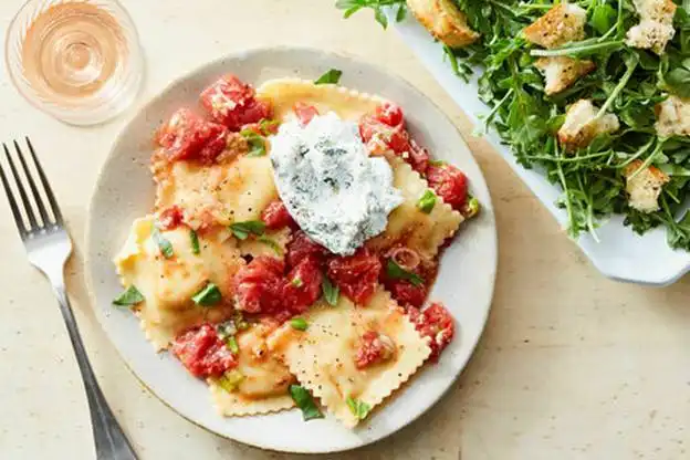 Tomato-Basil Ravioli with Arugula Salad & Homemade Croutons