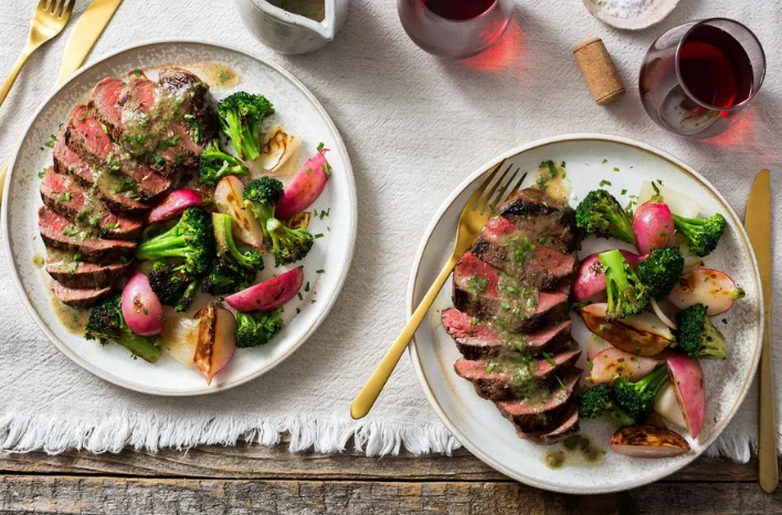  Black Angus rib-eye steaks with bagna cauda, broccoli, and radishes