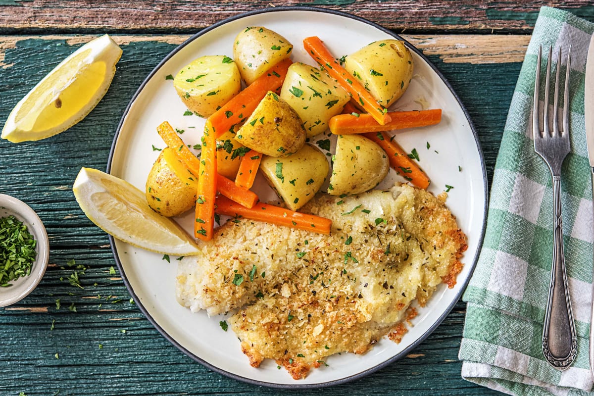 HelloFresh's parmesan-crusted fish with carrots and herbed potatoes