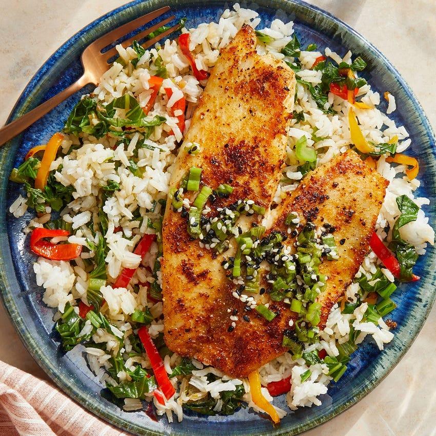 BlueApron's Southern Spiced Fish with Sesame Scallion Sauce & Vegetable Rice