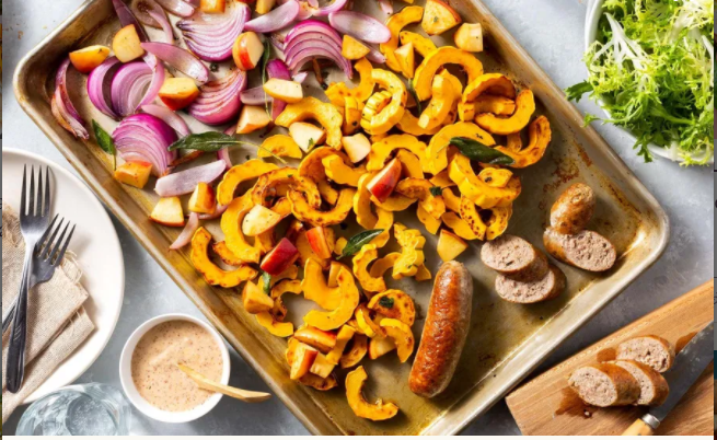 Sheet pan pork sausages with roasted apple and delicata squash