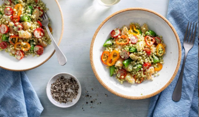 Mediterranean shrimp and couscous salad with green goddess dressing.