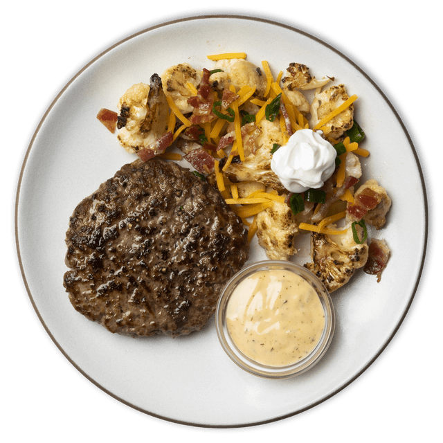 Buffalo Ranch Burger with Loaded Roasted Cauliflower