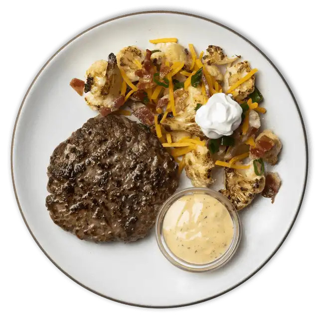 Buffalo Ranch Burger with Loaded Roasted Cauliflower