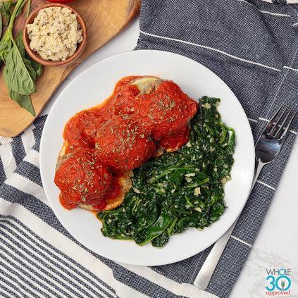 MM open-faced grass-fed beef meatball sandwich and garlicky spinach with basil marinara