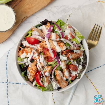 Grilled pasture-raised BBQ chicken salad with house ranch