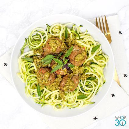 Pasture-raised chicken basil meatballs with zucchini noodles