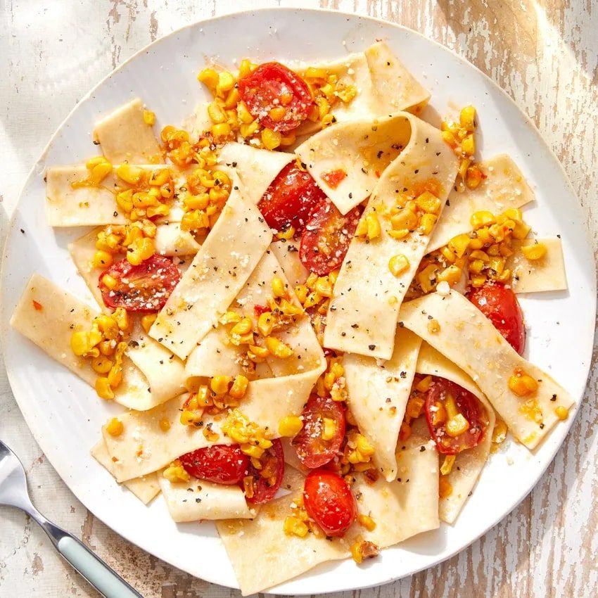 Hand-Cut Pappardelle with Corn, Tomatoes & Romano Cheese