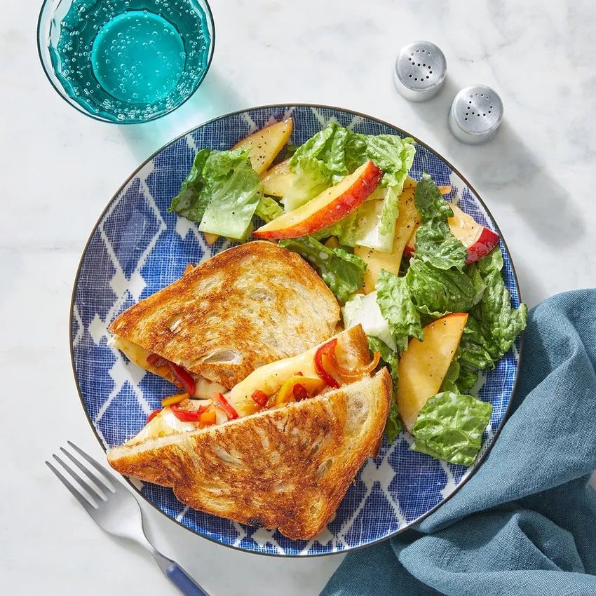 Sweet Pepper & Fig Grilled Cheese with Romaine Lettuce & Peach Salad
