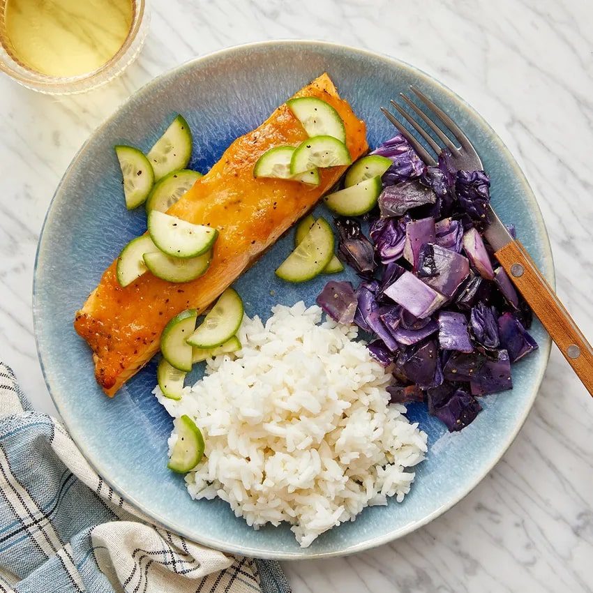 Miso-Maple Salmon with Sesame-Roasted Cabbage & Garlic Rice