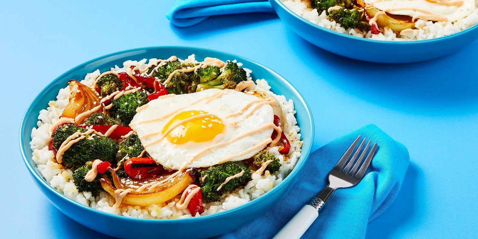 Sticky-Sweet Broccoli Bowls with Ginger Rice, Sriracha Mayo, and Fried Egg