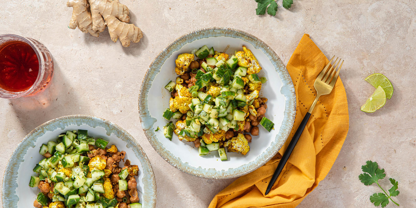 Curry Roasted Cauliflower with Masala Chickpeas & Ginger Cucumber Salsa