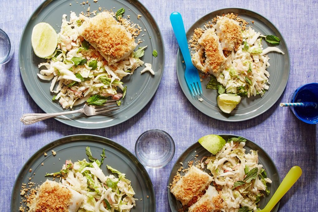 Breaded Fish with Sesame Miso Cabbage Salad