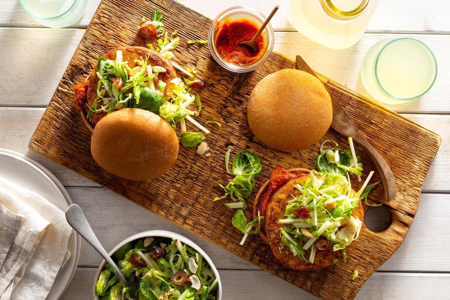 Big Sur tofu burgers with sambal ketchup and Brussels sprout-apple slaw