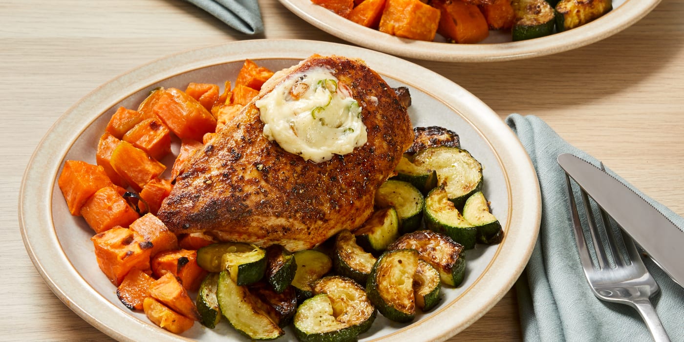 Spicy Honey Butter Chicken with Zucchini and Roasted Sweet Potatoes