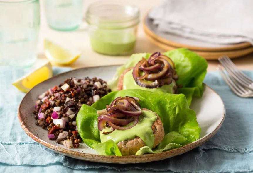 Lettuce-Wrapped Turkey Burgers with Green Goddess Dressing and Lentil Salad