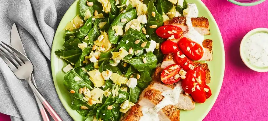 Pork-Chops-With-Tzatziki-Roasted-Tomatoes-Chard-Salad-with-Artichokes-Feta