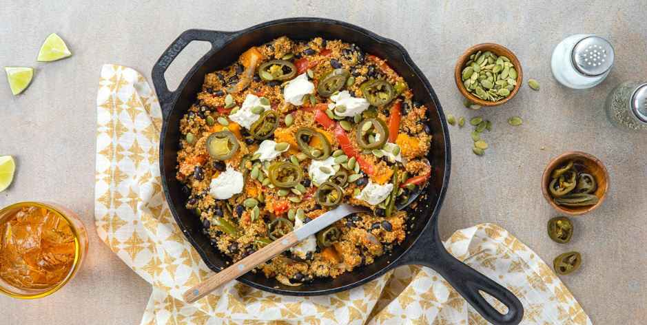 Black Bean-Sweet Potato Skillet with Mojo Rojo & Pepitas