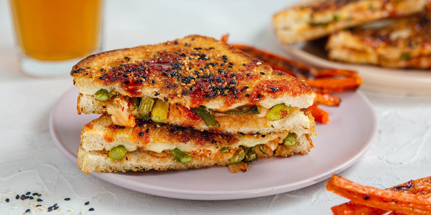 Kimchi Grilled Cheese Sandwiches with Charred Asparagus & Carrot Fries