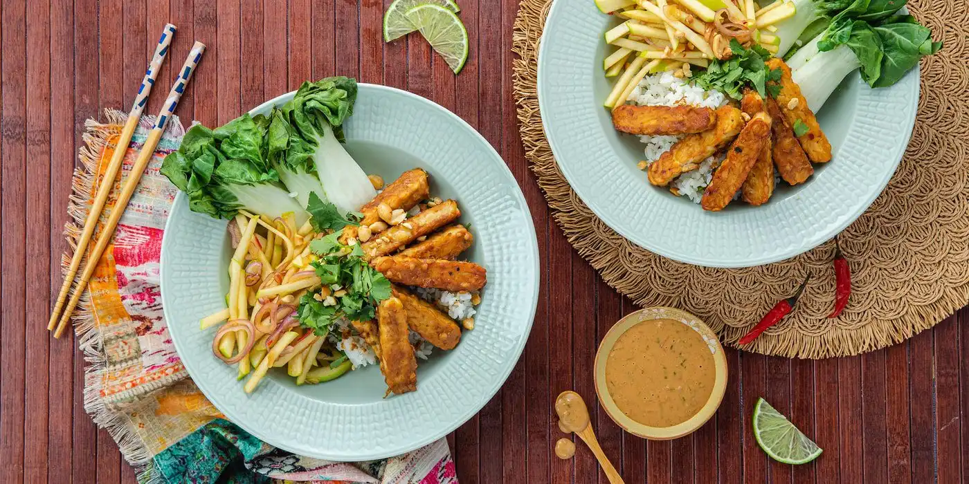 Tempeh-Satay-with-Spicy-Apple-Som-Tam-Peanut-Sticky-Rice