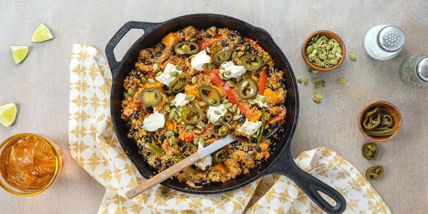 Black-Bean-Sweet-Potato-Skillet-with-Mojo-Rojo-Pepitas