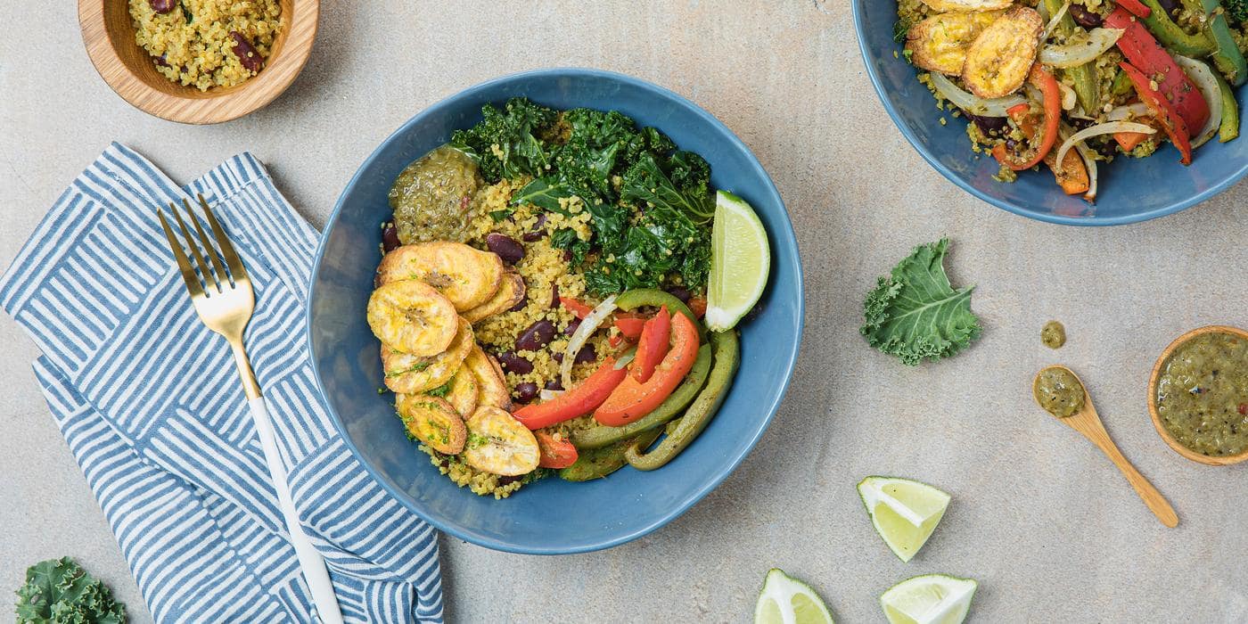 Coconut Curry Quinoa Bowls with Caribbean Peppers & Crispy Plantains