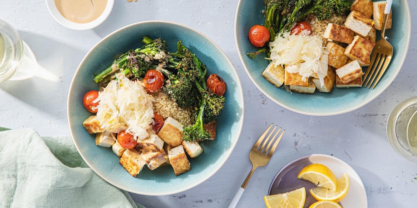 Tahini Bulgur Bowls with Charred Broccolini & Crispy Lemon Tofu