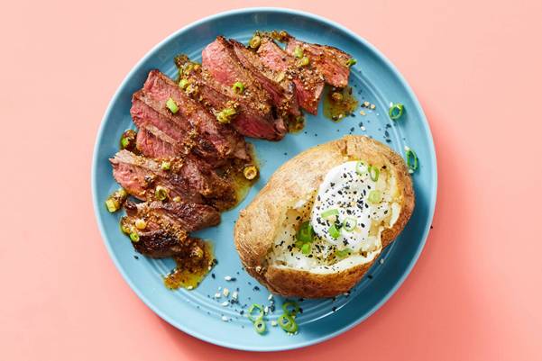 Pastrami Crusted Steak with Everything Bagel Baked Potato