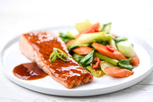 Perfect Teriyaki Ginger Salmon with stir-fried bok choy and carrots