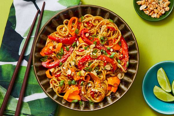 Sesame Peanut Noodles with Bell Pepper and Carrot Ribbons