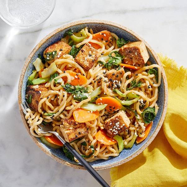 Spicy Tofu & Vegetable Lo Mein with Curry-Peanut Sauce