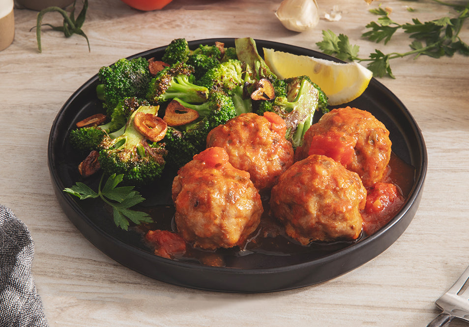 Turkey Chorizo Meatballs with Lemon & Garlic Broccoli