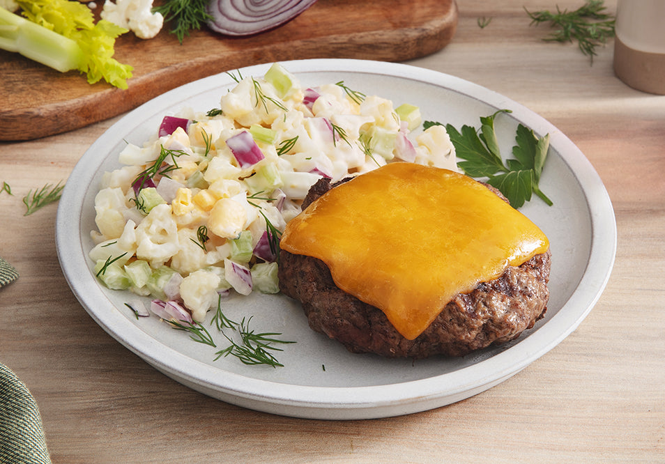 Grass Fed Beef Burger with Cheddar Cheese and Low Carb “No Tato” Salad