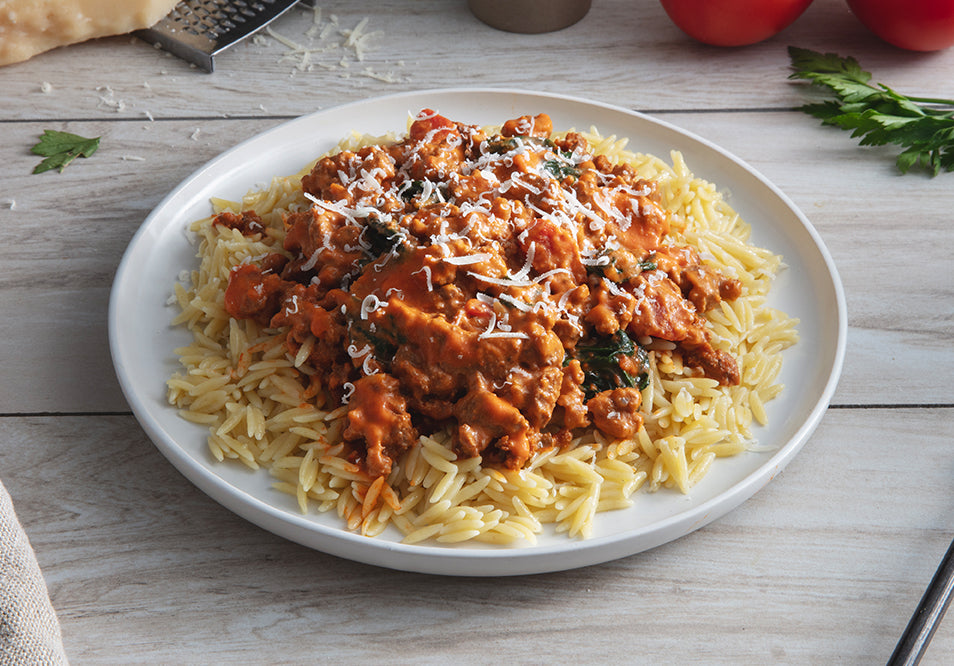 Grass Fed Beef Orzo with Tomato Cream Sauce