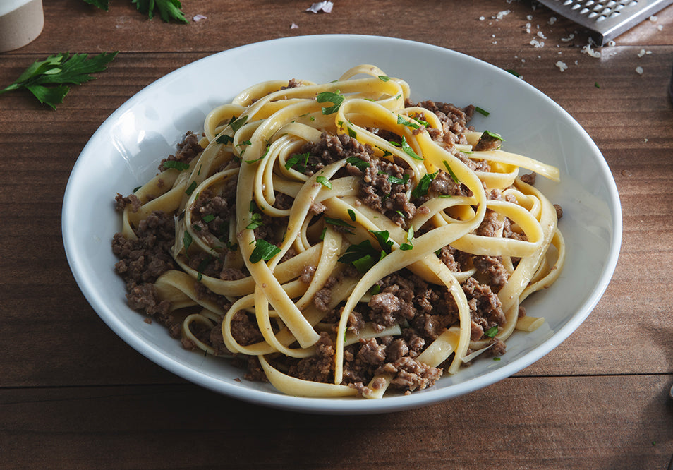 Linguine in Roasted Garlic Butter with Herbed Beef Crumble