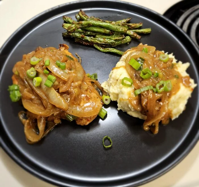 Pork chops with green beans and mash, photographed by u/cera84.