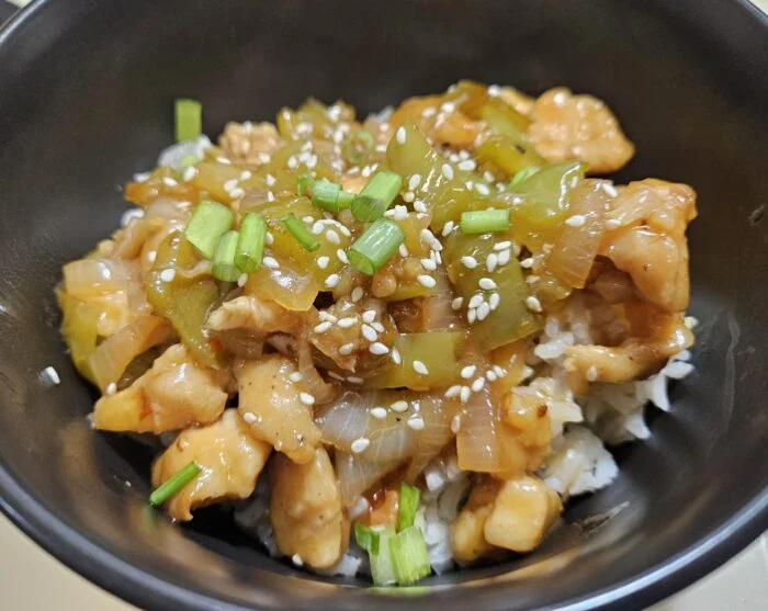 Saucy Chicken Pepper Stir-Fry with Ginger Rice from EveryPlate, as plated at home by a MealFan reader