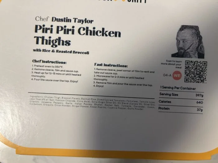 CookUnity meal sleeve showing chef name, heating instructions and nutrition panel