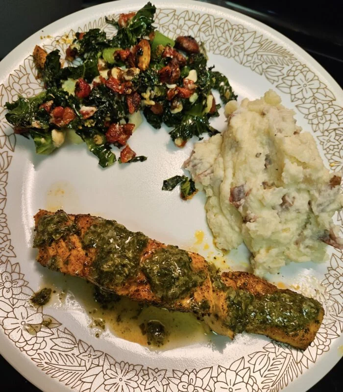SALMON WITH CAPER SAUCE and roasted potatoes, kale with red peppers, feta & almonds from Green Chef, photographed by u/cera84.