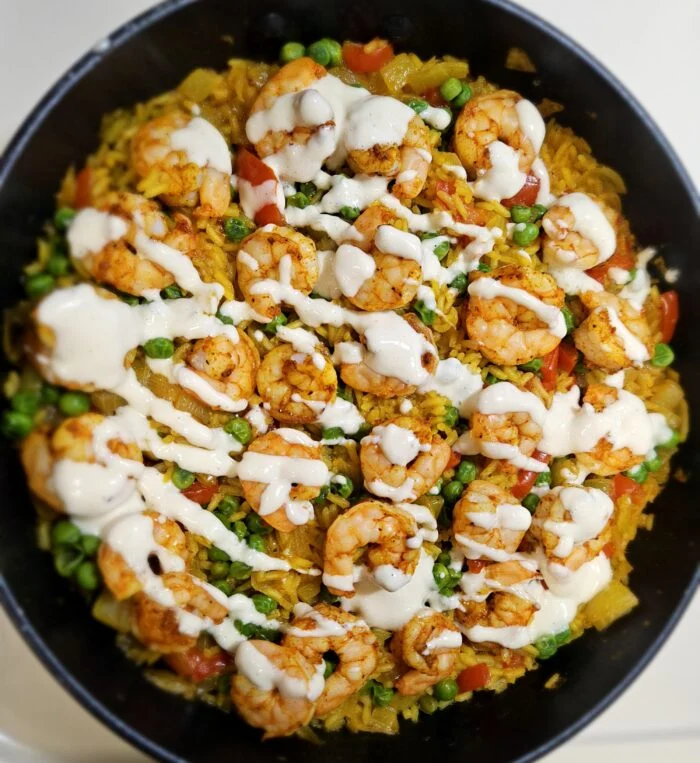 Smoky Shrimp Paella with Bell Pepper, Peas & Garlic Aioli from EveryPlate, photographed by u/cera84.