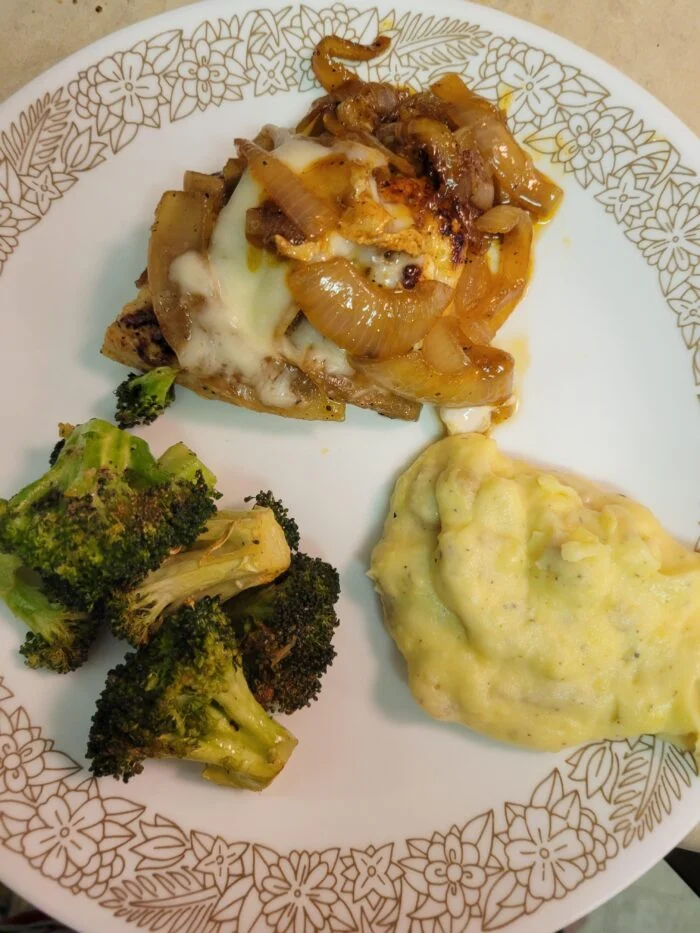 EveryPlate French onion chicken with caramelized onions and melted cheese, mashed potatoes and roasted broccoli