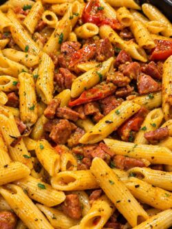 HelloFresh creamy chorizo and cherry tomato penne, penne coated in an orange sauce with crumbled chorizo and parsley