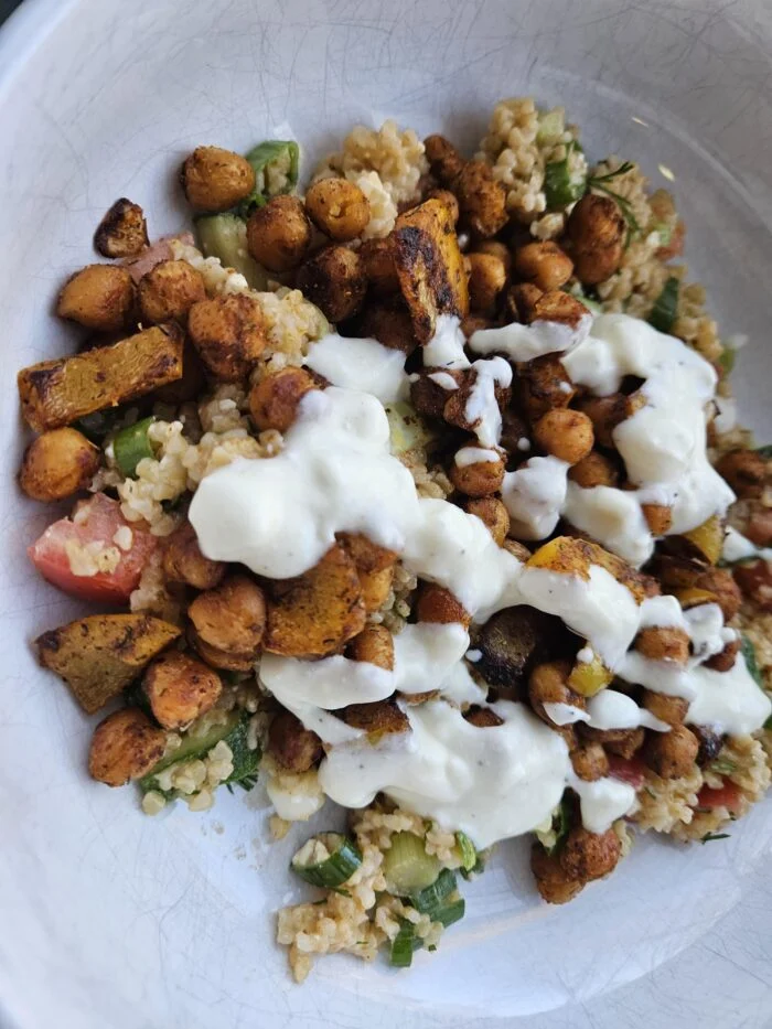 HelloFresh crispy chickpea tabbouleh bowl with roasted squash, cucumber and tomato under creamy feta dressing