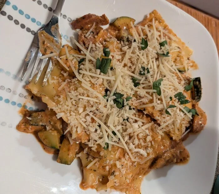 HelloFresh ricotta stuffed ravioli in tomato cream sauce topped with parmesan and panko, shared by a reader