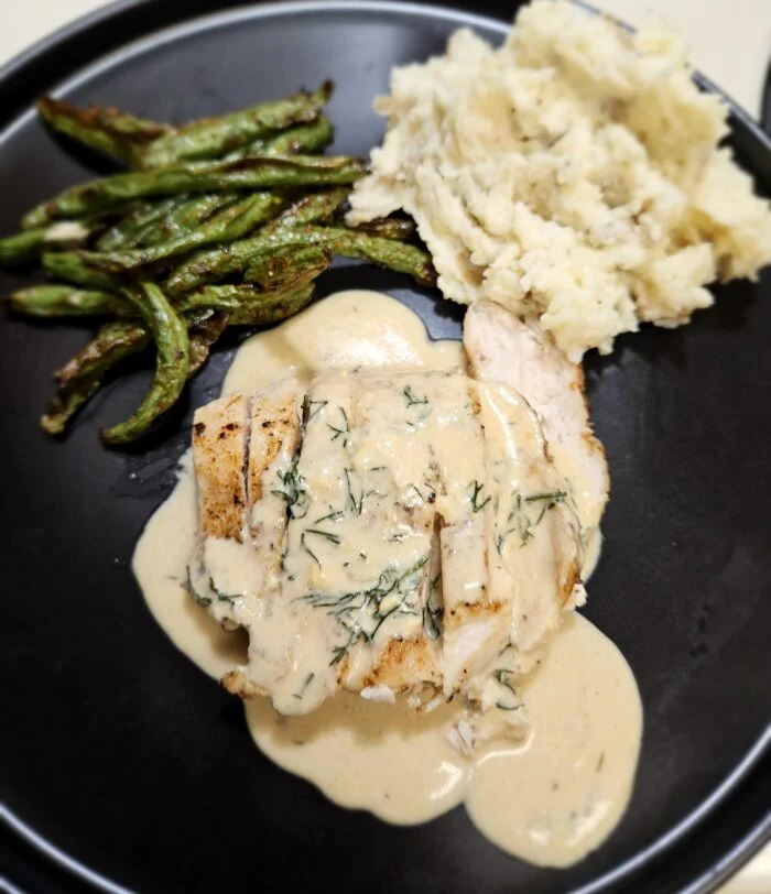 Creamy Dijon Dill Chicken with Potatoes and Green Beans from HelloFresh, photographed by u/cera84.