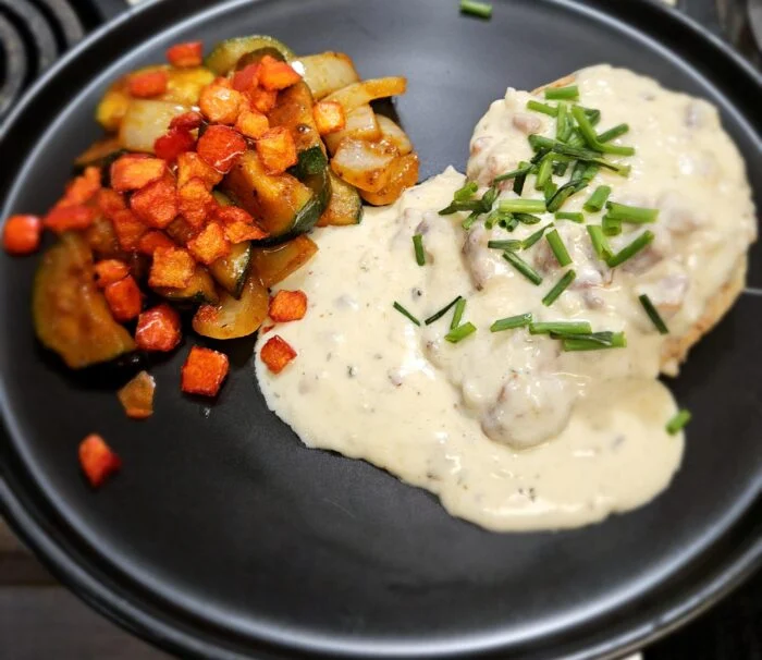Chicken with pesto zucchini, photographed by u/cera84.