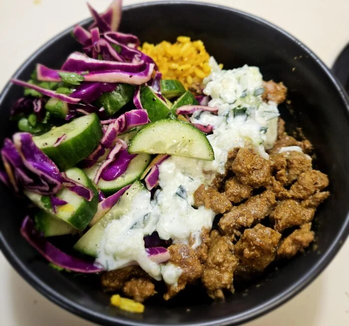 Shawarma - Spiced Steak & Rice Bowls with Zesty Cucumber Salad and Tzatziki from EveryPlate, photographed by u/cera84.